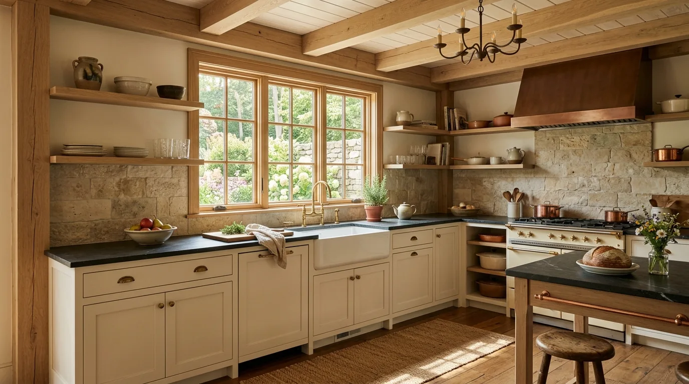 Use stone counters with quiet movement inspiration for a warm white and white oak kitchen.